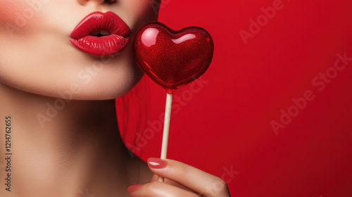 Close up of a woman with red lipstick and a valentine heart lolly