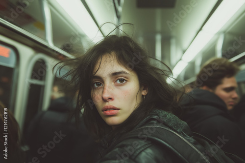 Young woman with windblown hair on a subway train