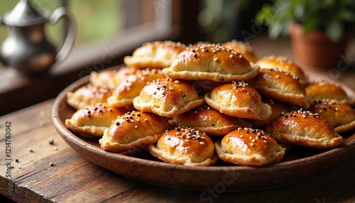 Freshly baked briouats on serving table by window, Moroccan charm photo