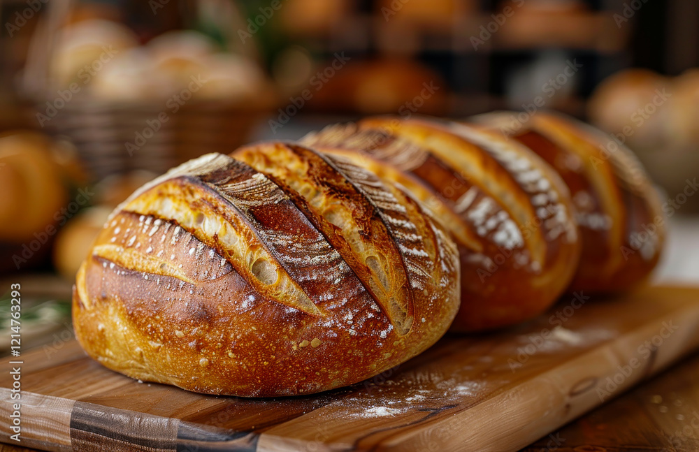 Three loaves of bread are sitting on a wooden cutting board. The bread is brown and has a crusty texture Three loaves of bread are sitting on a wooden cutting board. The bread is brown and has a crusty texture