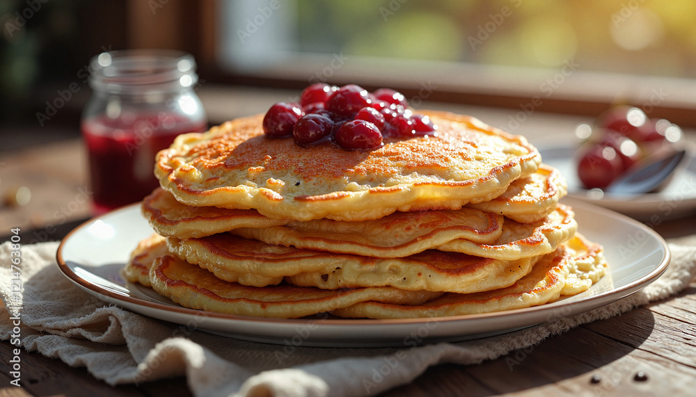 Golden brown Finnish pancakes stacked in cozy kitchen, breakfast delight Golden brown Finnish pancakes stacked in cozy kitchen, breakfast delight