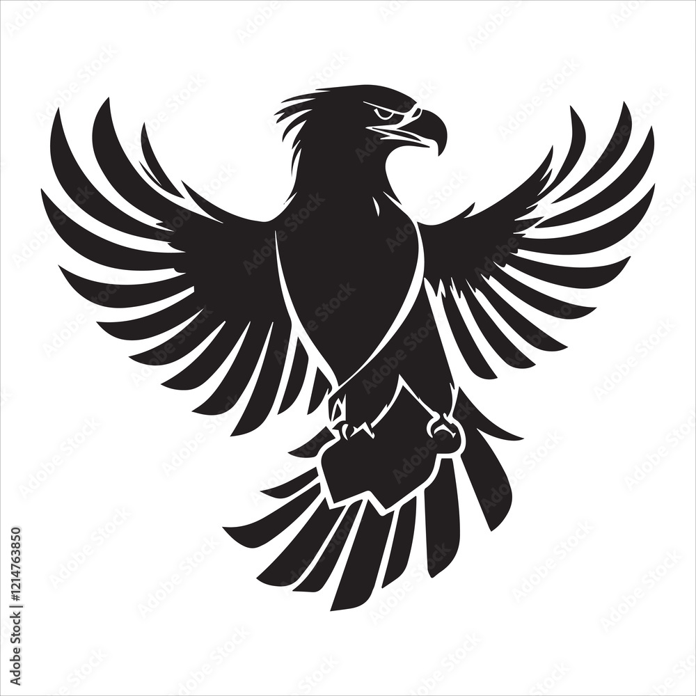 A bold, stylized silhouette of an eagle in mid-flight, with outstretched wings. A bold, stylized silhouette of an eagle in mid-flight, with outstretched wings.