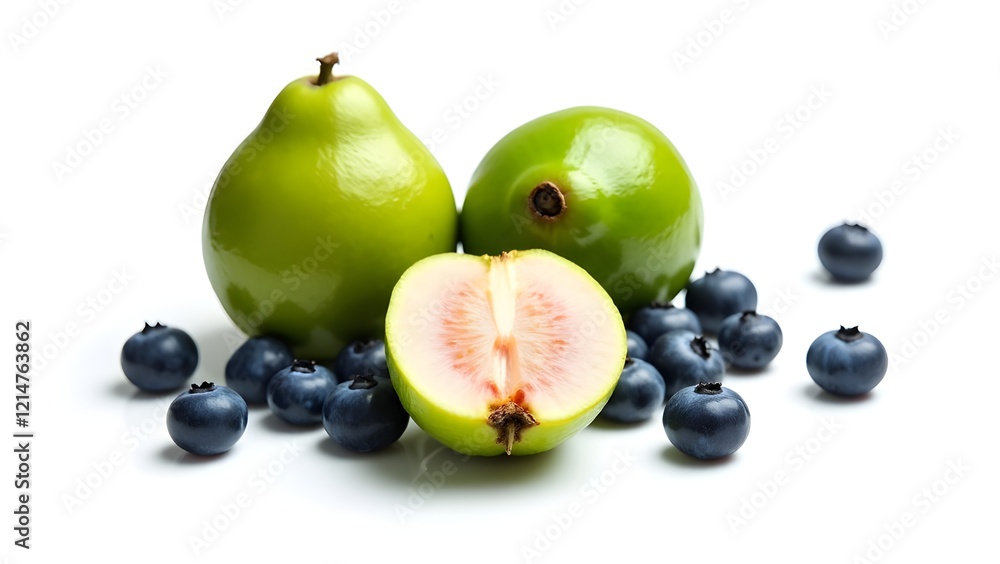 Obraz premium half-cleaned blueberries and guava isolated on a pure white background
