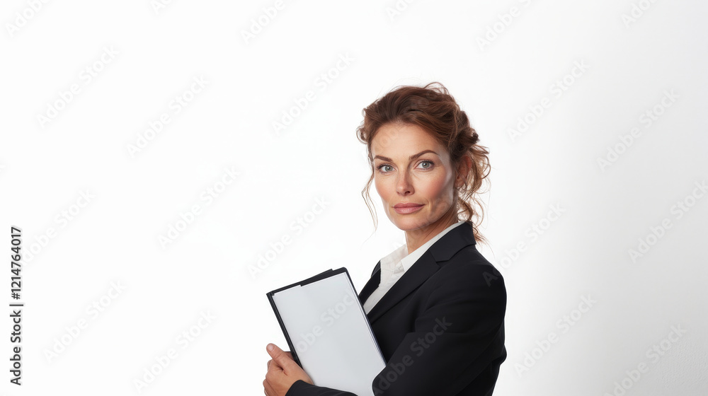 Confident Businesswoman Holding Clipboard in Professional Attire Confident Businesswoman Holding Clipboard in Professional Attire