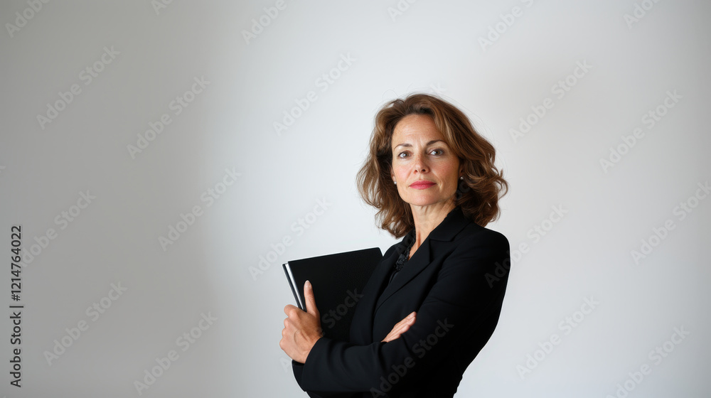 Confident Woman with Notebook in Professional Attire Posing Gracefully Confident Woman with Notebook in Professional Attire Posing Gracefully