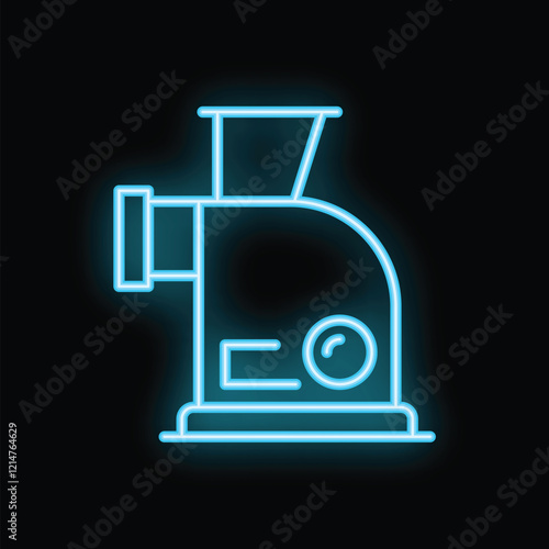 Blue neon icon of an electric meat grinder glowing on a black background