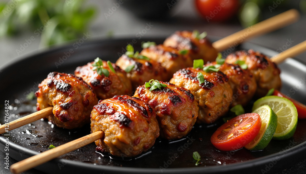 Grilled kofta kebabs on skewers in cozy kitchen setting, culinary delight Grilled kofta kebabs on skewers in cozy kitchen setting, culinary delight