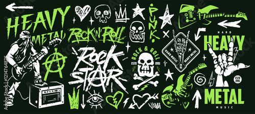 Vivid collage of rock and heavy metal graphics