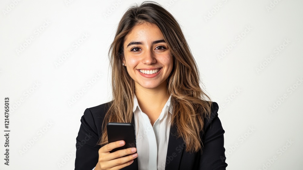 Happy woman in business attire holding smartphone and smiling Happy woman in business attire holding smartphone and smiling