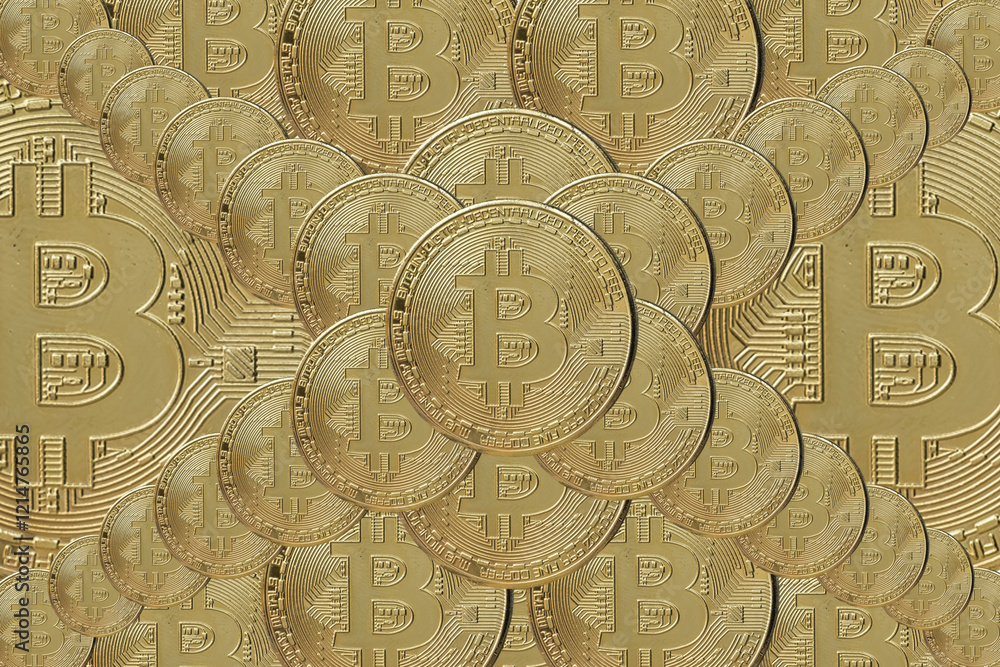 tapeta z monet ozdobnych bitcoina, ułożonych we wzór symetryczny.