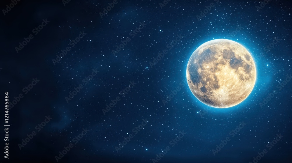Fototapeta premium Celestial Night: A luminous full moon dominates the night sky, its radiant glow illuminating the distant stars in a breathtaking celestial display. 