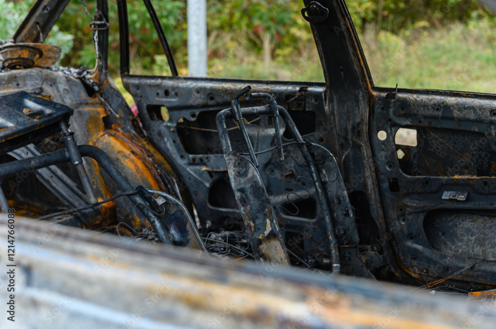 Burnt-out interior of a passenger car. Burnt-out interior of a passenger car.