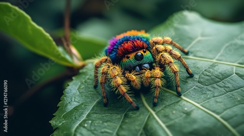 Adorable spider with fluffy colorful patterns resting gently on a smooth green leaf photo