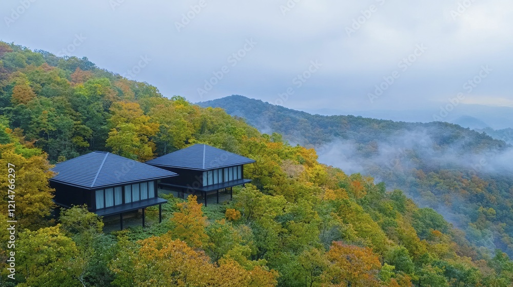 Alternative travel experiences in tranquil forest hideaways featuring charming lodges amidst colorful autumn leaves and shrouded hills.