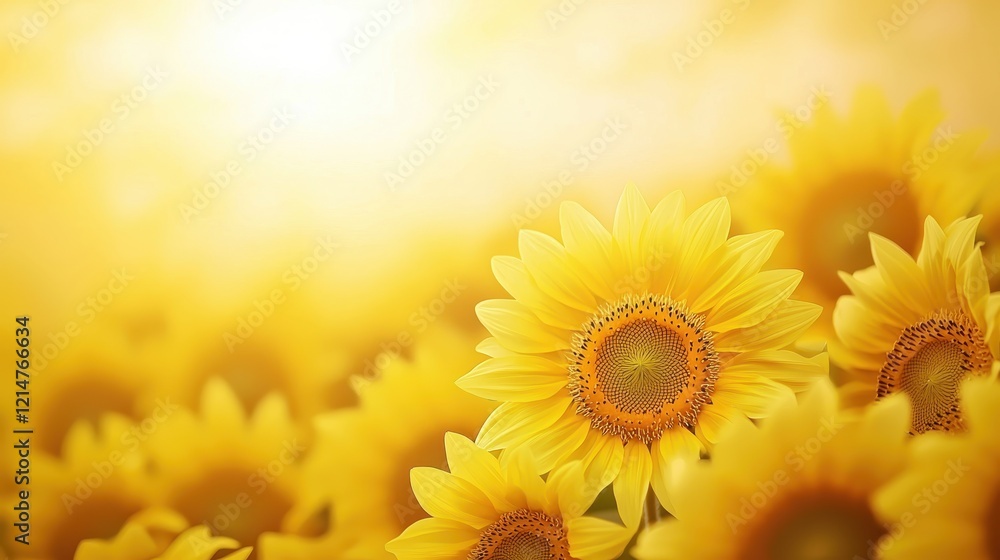 Obraz premium Sunlit Sunflower Field: A vibrant field of sunflowers basks in the warm glow of the sun, their bright yellow petals radiating joy and summer warmth. The image evokes a sense of peace and abundance.