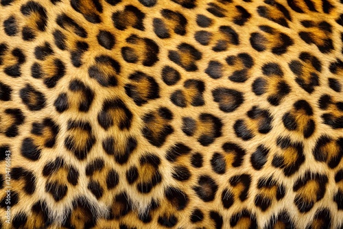 Leopard Fur with Distinctive Spot Pattern. Close-up of leopard fur showcasing its detailed golden and black spot pattern, ideal for wildlife, texture, or fashion themes photo