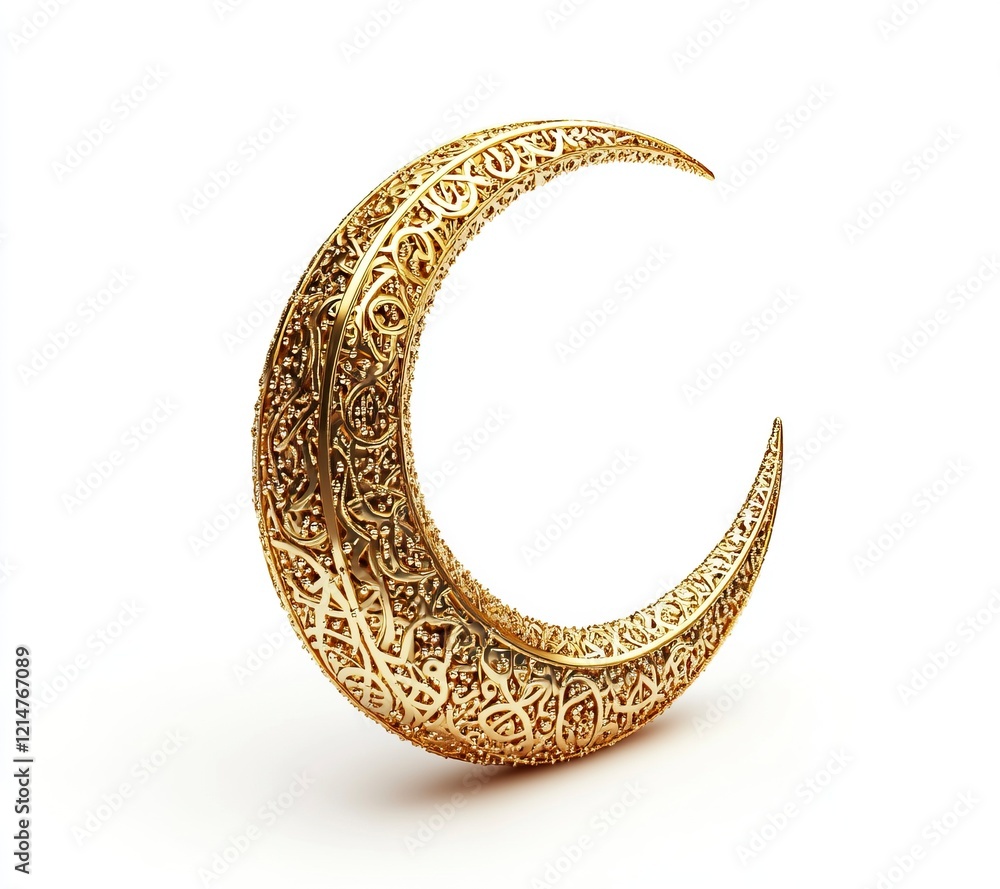 3D rendering of a golden crescent moon with an Islamic pattern in the middle, a Ramadan concept background for product display, presentation mockup design template, and copy space banner. 