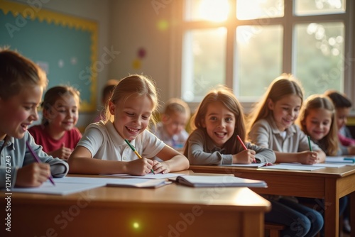 A cozy school classroom filled with smiling students working together at their desks. Sunlight shines through the windows, creating a warm atmosphere