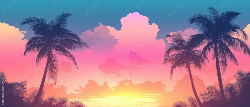 Serene Tropical Sunrise with Silhouetted Palm Trees Against Colorful Sky Serene Tropical Sunrise with Silhouetted Palm Trees Against Colorful Sky