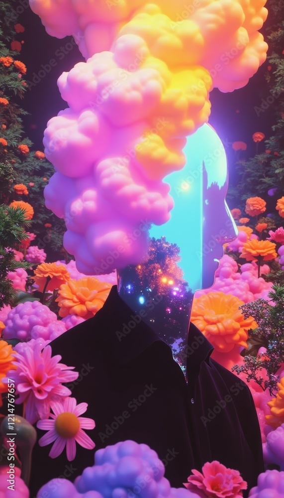 Naklejka premium Surreal Mindscape: A Pastel Human Silhouette Amidst Swirling Emotions and Light