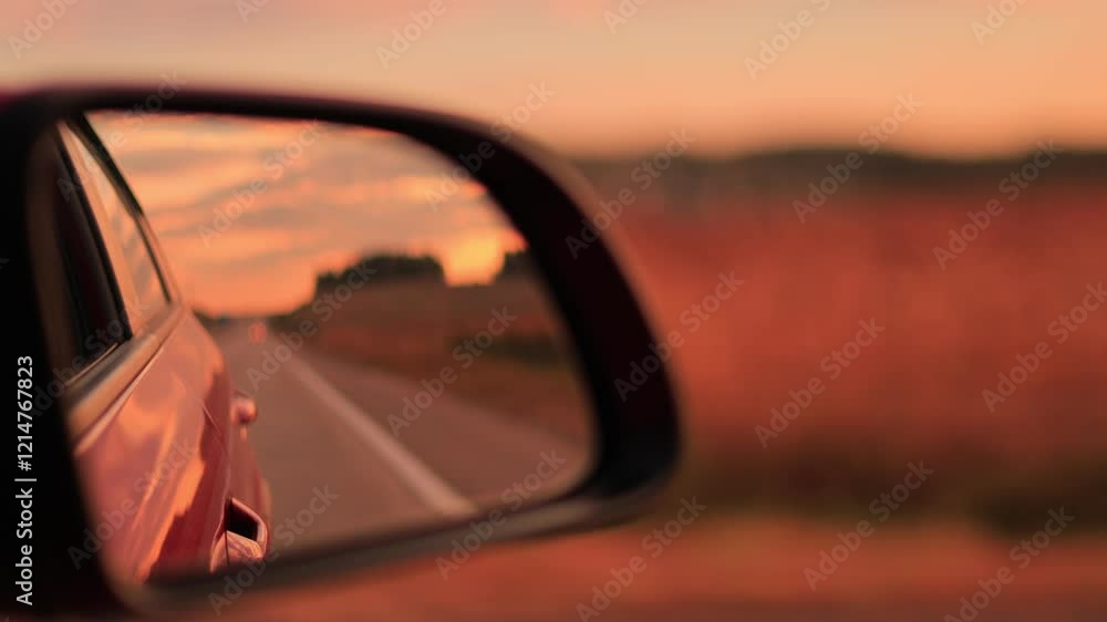 The sun is reflected in the mirror, evening road. View in the side rear view mirror of a red car driving along the highway The sun is reflected in the mirror, evening road. View in the side rear view mirror of a red car driving along the highway