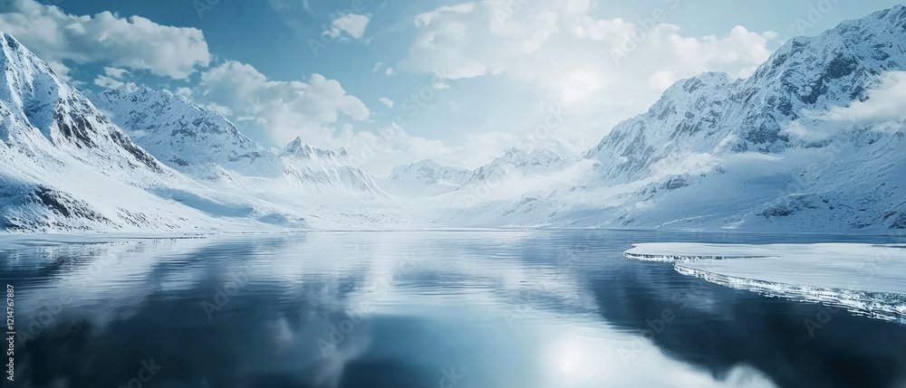 Tranquil winter scene with frozen lake,water snow-covered trees, mountains, frosty landscape. Soft fog enhances the serene, minimalist beauty of nature in cold, blue tones. Generative ai Tranquil winter scene with frozen lake,water snow-covered trees, mountains, frosty landscape. Soft fog enhances the serene, minimalist beauty of nature in cold, blue tones. Generative ai