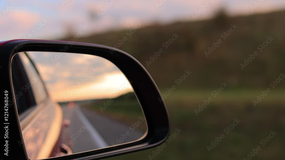 The sun is reflected in the mirror, evening road. View in the side rear view mirror of a red car driving along the highway The sun is reflected in the mirror, evening road. View in the side rear view mirror of a red car driving along the highway