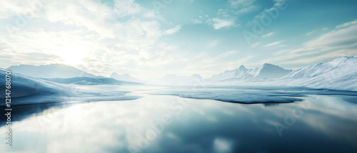 Wallpaper Mural Tranquil winter scene with frozen lake,water snow-covered trees, mountains, frosty landscape. Soft fog enhances the serene, minimalist beauty of nature in cold, blue tones. Generative ai Torontodigital.ca