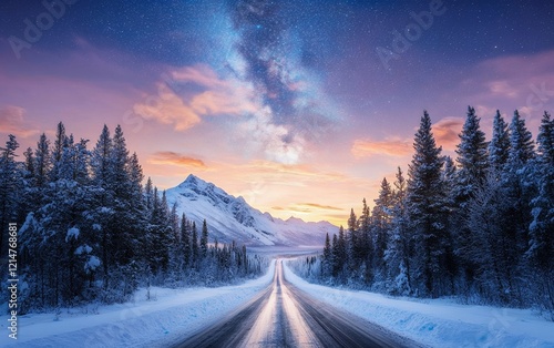 Enchanted winter forest with snow laden trees and a serene starry night sky photo