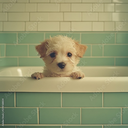 Cute small puppy relaxing in a bathtub with light teal tiles, enjoying its bath time surrounded by bubbles and a clean, tranquil environment, emphasizing playful innocence and joy photo