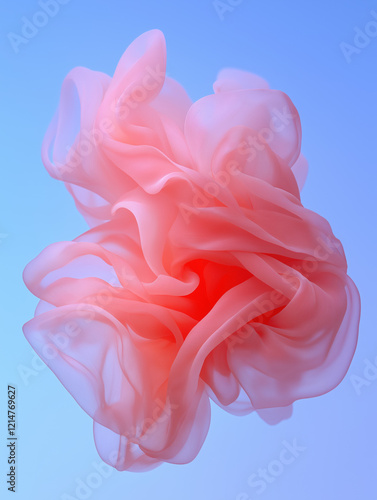 Abstract pink fabric floating in a blue gradient background