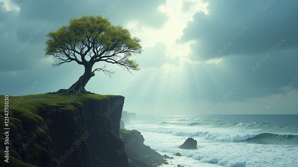 A lone tree standing tall on a windswept cliff. A lone tree standing tall on a windswept cliff.