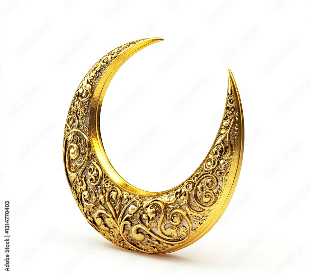 3D rendering of a golden crescent moon with Islamic ornament, isolated on a white background. 