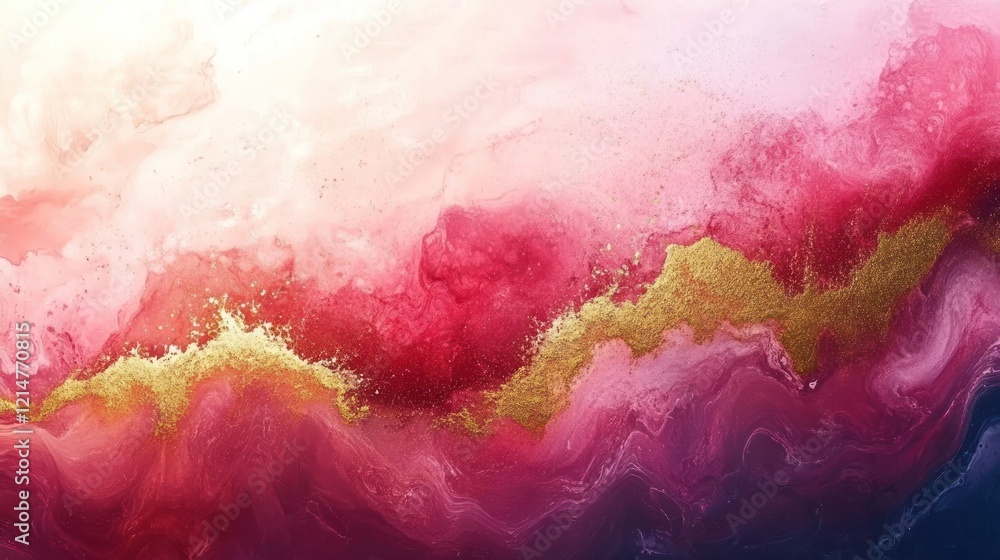 Obraz premium Abstract fluid art with pink, red, and gold hues creating dynamic, flowing patterns