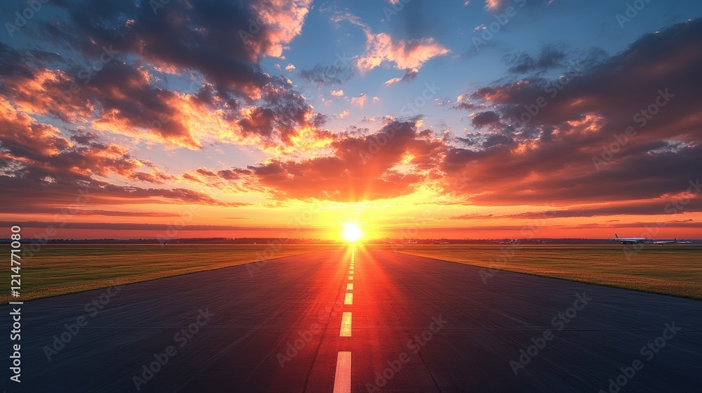 Stunning Sunset View Over Runway at Airport with Vibrant Clouds and Golden Horizon, Perfect for Aviation and Travel Enthusiasts, Captured in Majestic Colors Stunning Sunset View Over Runway at Airport with Vibrant Clouds and Golden Horizon, Perfect for Aviation and Travel Enthusiasts, Captured in Majestic Colors