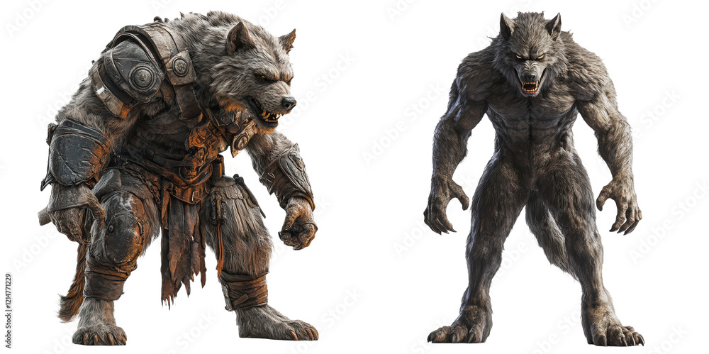 Powerful Werewolf and Armored Lycan Warrior Fantasy Creatures 3D Render on transparent background Powerful Werewolf and Armored Lycan Warrior Fantasy Creatures 3D Render on transparent background