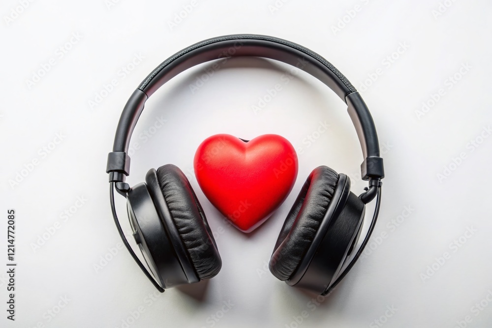 Black Headphones with Red Heart, Flat Lay, Long Exposure, White Background, Copy Space Black Headphones with Red Heart, Flat Lay, Long Exposure, White Background, Copy Space