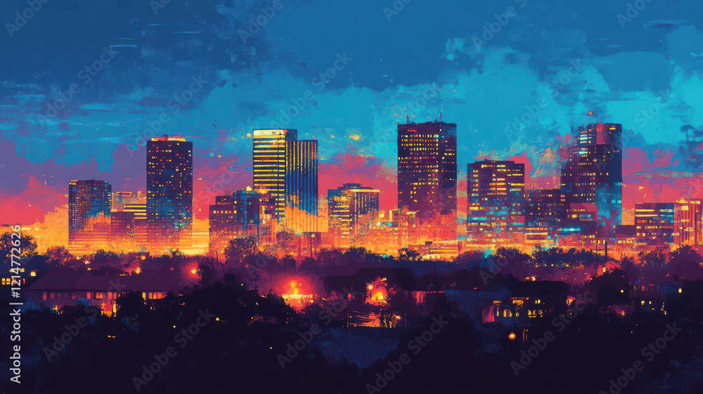 Obraz premium vibrant city skyline at dusk, illuminated by colorful lights, showcasing modern buildings against dramatic sky. scene evokes sense of energy and urban life