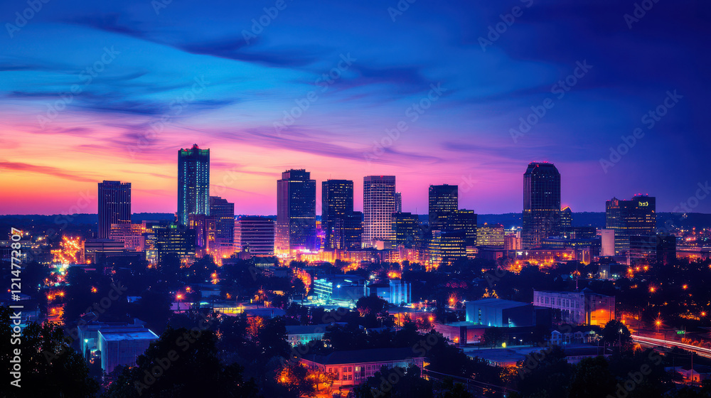 Fototapeta premium vibrant city skyline at dusk, illuminated by colorful lights, showcasing modern buildings and beautiful sunset. scene evokes sense of tranquility and urban charm