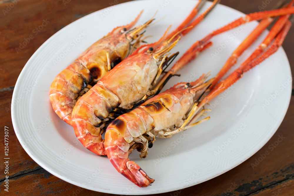 Charcoal grilled river prawns usually served with spicy seafood.