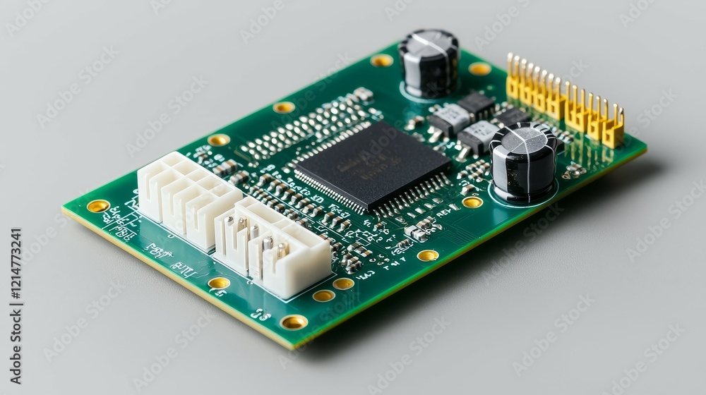 circuit board and components concept A close-up of a green circuit board with electronic components and connectors. circuit board and components concept A close-up of a green circuit board with electronic components and connectors.