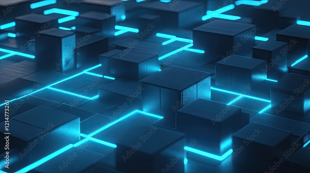 An abstract D illustration of a blockchain network with cubes interconnected by glowing blue paths An abstract D illustration of a blockchain network with cubes interconnected by glowing blue paths
