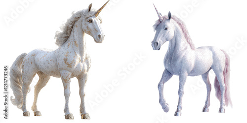 Two Majestic Unicorns Gold and Silver Sparkle Fantasy Horses Mythical Creatures on transparent background