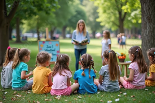 Children are gathered around a storyteller in a park, listening to an exciting tale. Nearby, a sign says 