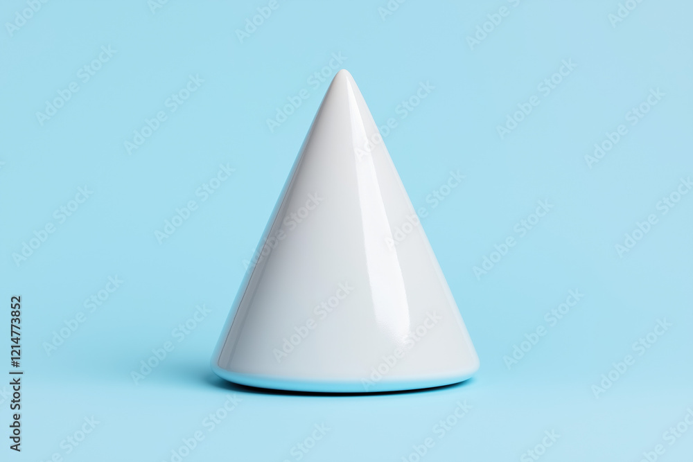 Fototapeta premium White cone on light blue background, minimalist geometric shape