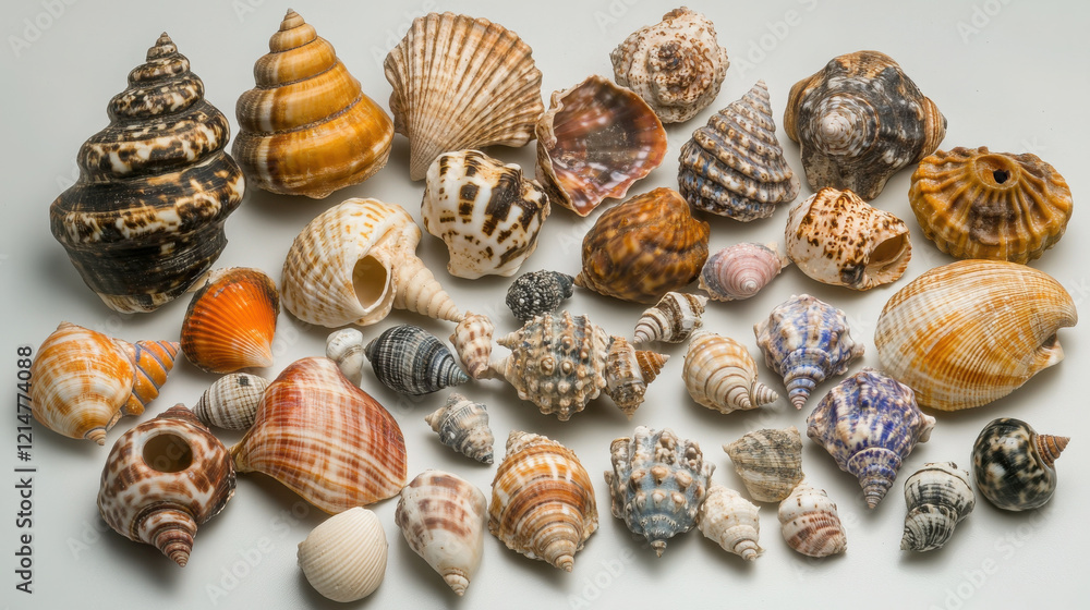 collection of seashells scattered on white surface, showcasing various shapes, sizes, and colors, evoking sense of coastal beauty and natural diversity
