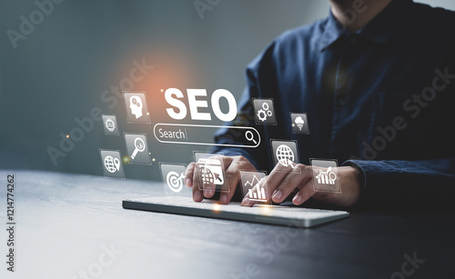 SEO Analysis Computer Page Search Engine Optimization Marketing Traffic Ranking Website Internet Business Technology Concept.