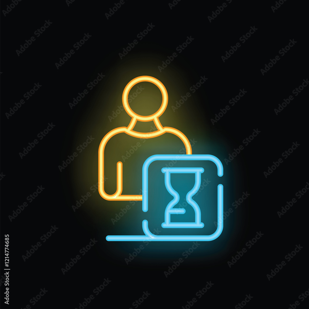 Neon glowing icon of person standing near hourglass showing time management concept Neon glowing icon of person standing near hourglass showing time management concept