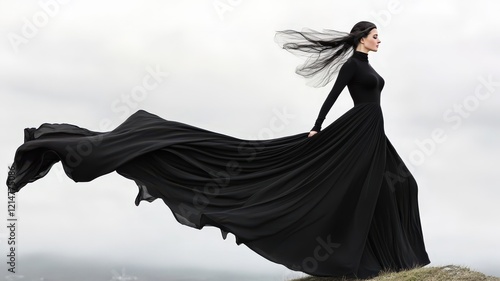 Dramatic scene of widow in long tail black dress, standing on a windswept hilltop with hair trailing in the breeze as she stares solemnly into the distance.