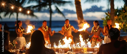 Traditional Hawaiian Luau with Fire Dancers on the Beach at Sunset